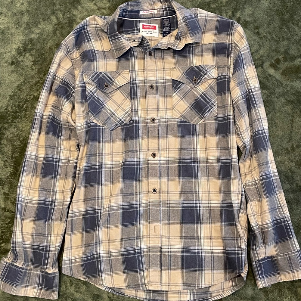 Wrangler Shirt Mens Large Blue Beige Plaid Western Button Down Long Sleeve